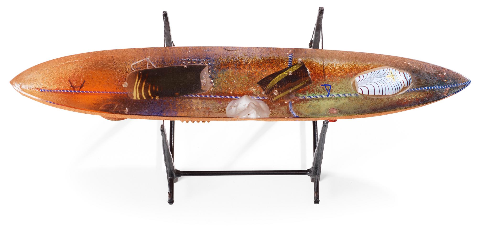 A Bertil Vallien sand-casted glass boat, Kosta Boda 1987, Sweden.