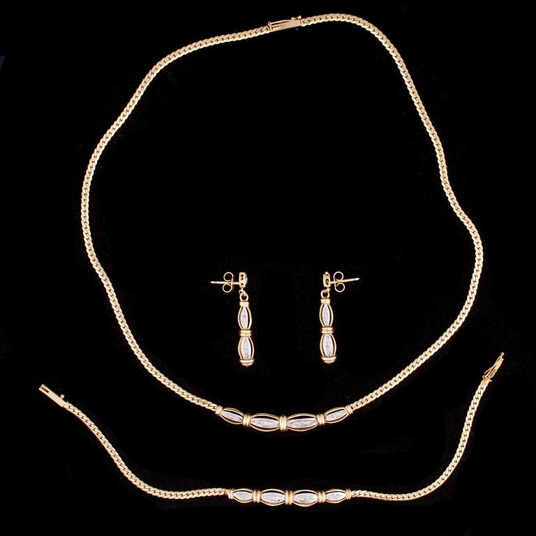 SMYCKESSET, 14K guld, diamanter. Vikt ca 17,2 g.