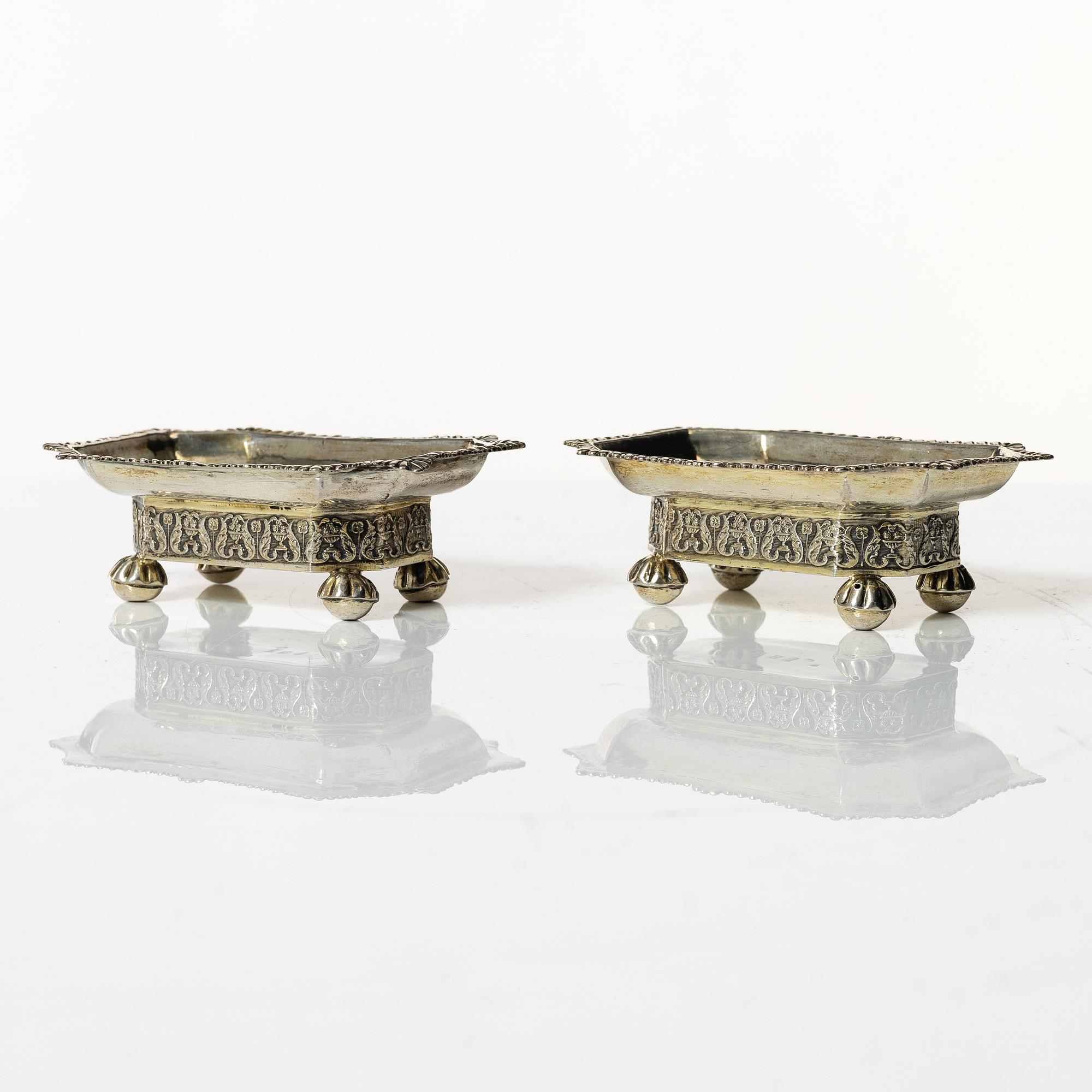 A pair of empire silver salt cellars, 1837.