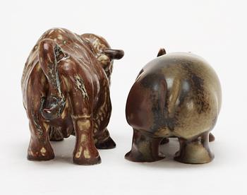 Two Gunnar Nylund stoneware figures, a bison and a hippo, Rörstrand.