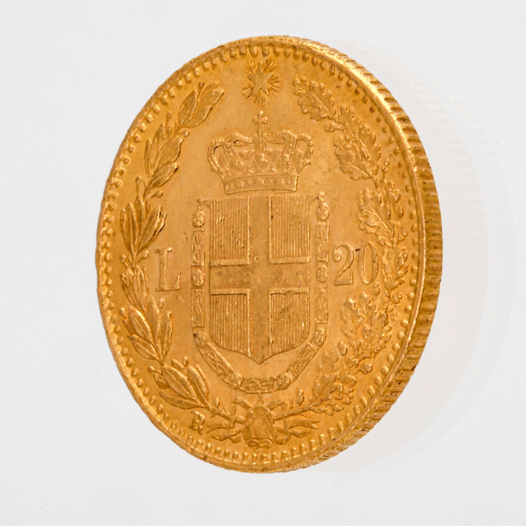 Coin, guld 21,6K (900), L 20 Italien 1882, vikt c 6,4 g.