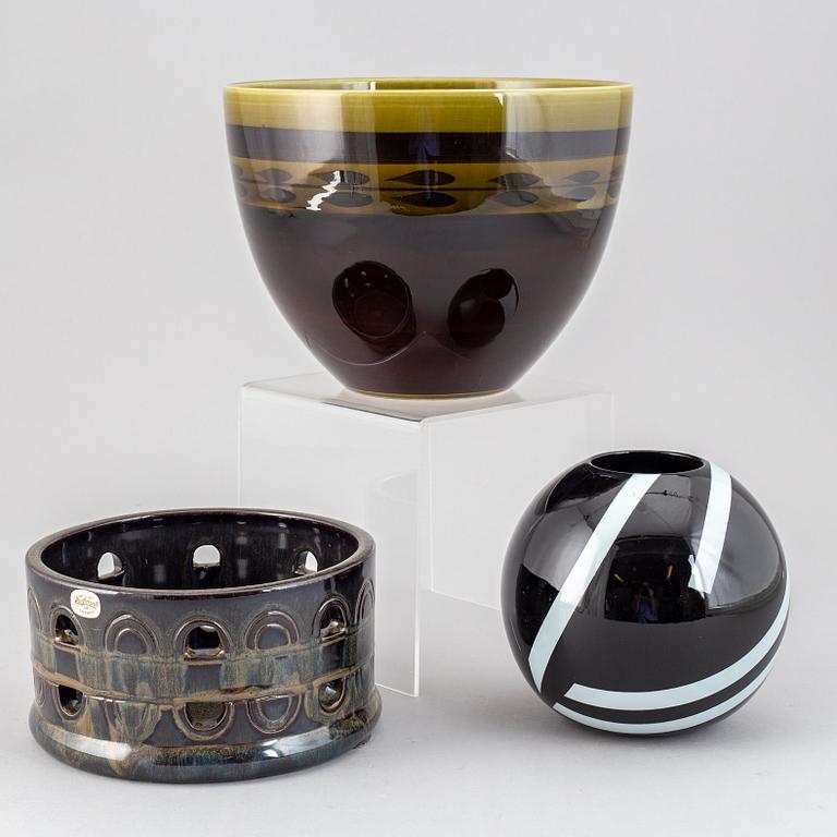 ROLF SINNEMARK, JACKIE LYND and OLLE ALBERIUS, a stoneware vase and two jardinieres, Rörstrand, Sweden.