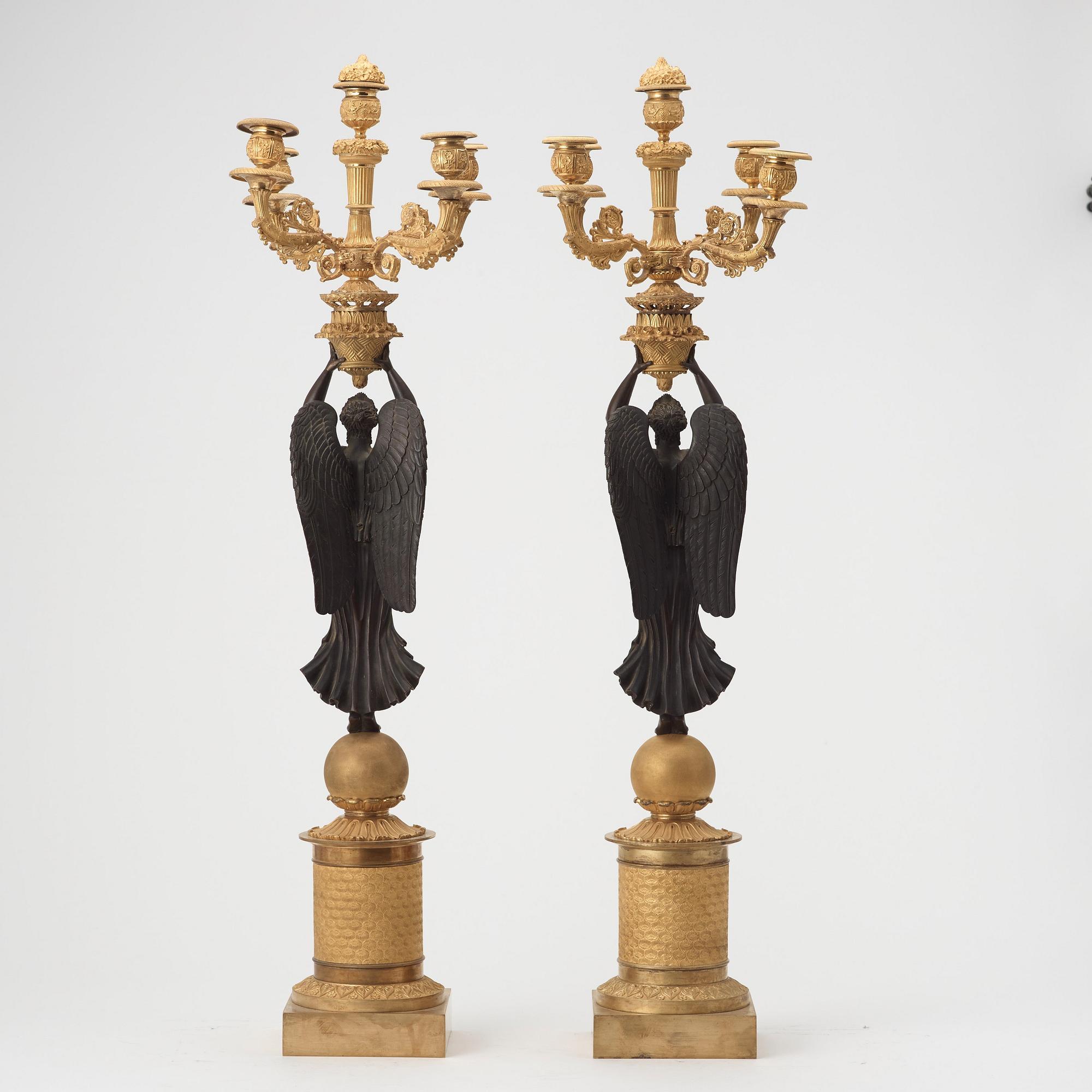 A pair of Empire early 19th century five-light candelabra by Pierre Chibout.