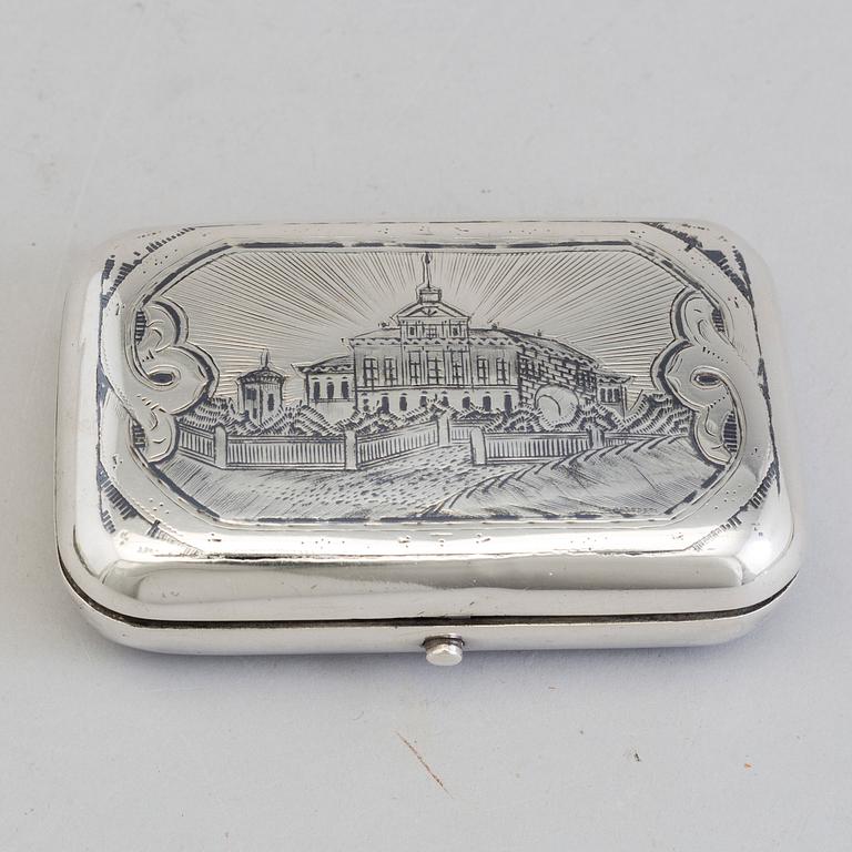 A Russian silver and niello tobacco cheroot box, unidentified maker's mark, Moscow, 1855-1888.