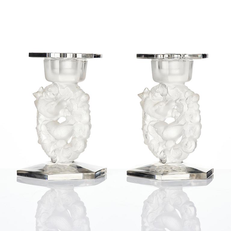 René Lalique, a pair of “Mésanges” cast glass candlesticks, France, post-1943.