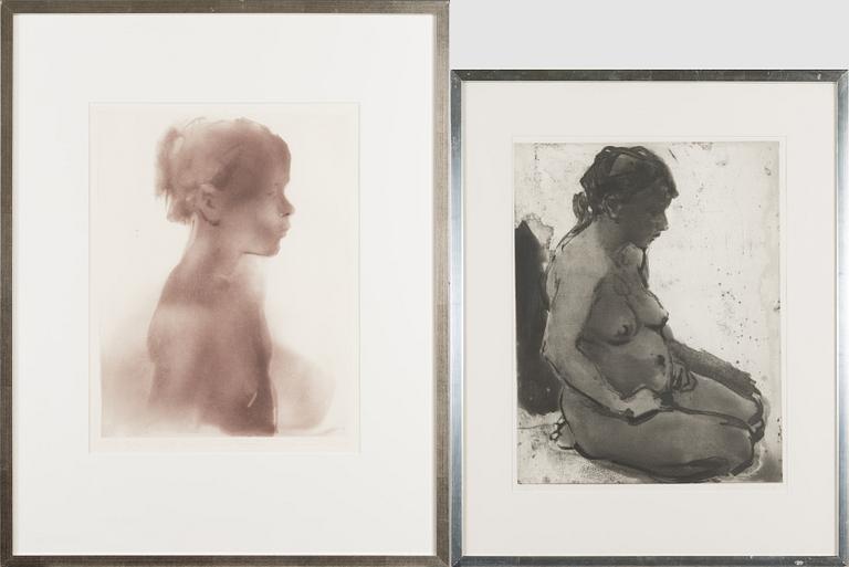 Juho Karjalainen, etsning, 2 st, signerade.