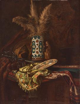 868. Benjamin Auguste Louis Damman, Still lite with carpets, urn and sword.
