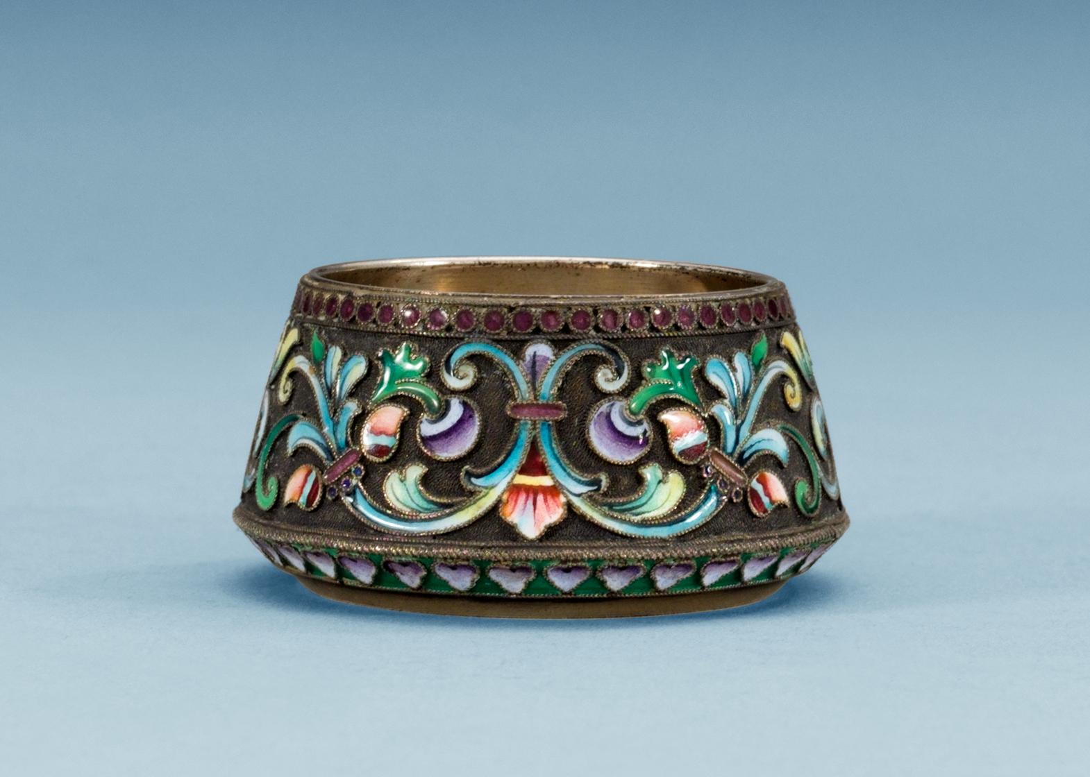 A Russian 20th century silver and enamel salt-cellar, mark of 26th Artel, Moscow 1908-1917.