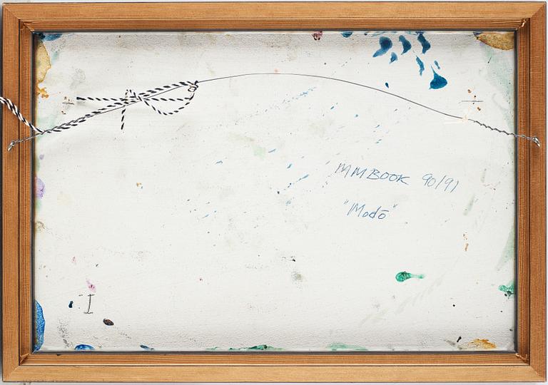 MAX MIKAEL BOOK, mixed media on panel, signed and dated 90/91 on verso.