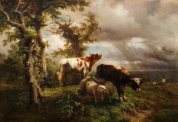 256. Ildephonse Stocquart Tillskriven, Lantligt landskap med boskap.