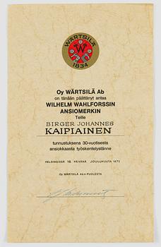Diplom, Wilhelm Wahlforss, Oy Wärtsilä Ab, daterad 16. december 1971.