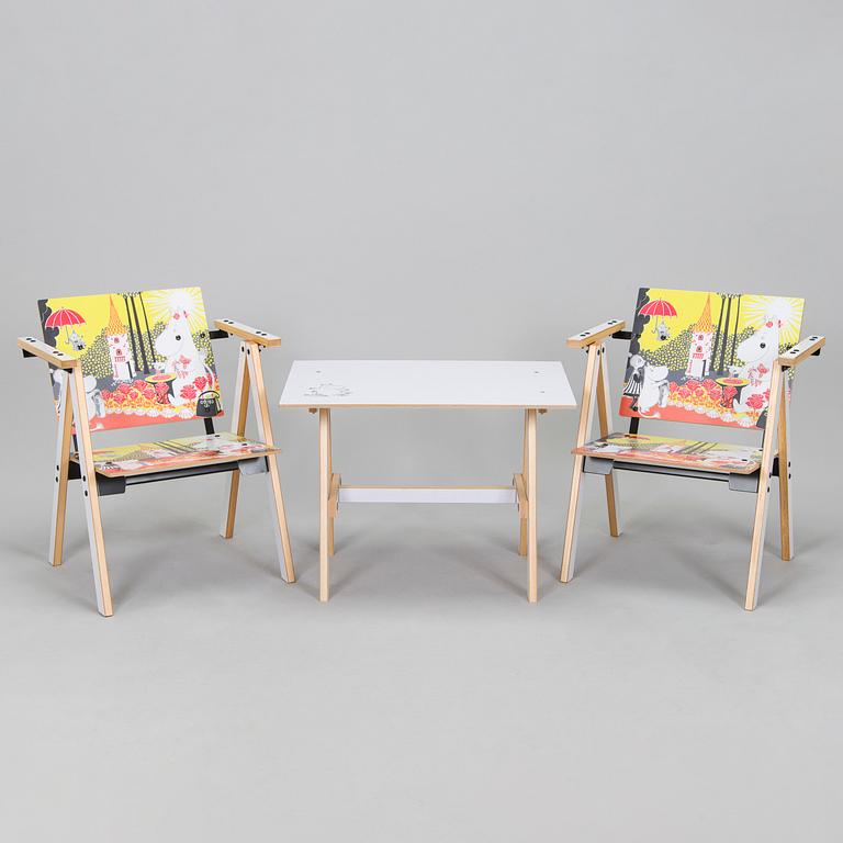 Yrjö Kukkapuro, Children's furniture, two 'Moomin S chairs'  and a table collaboration with Modeo and Moomin Characters.