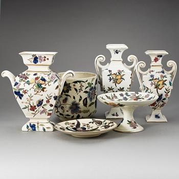 PARTI RÖRSTRAND, 6 delar, flintgods, "Ungersk Majolika", Rörstrand, 1800-talets slut.