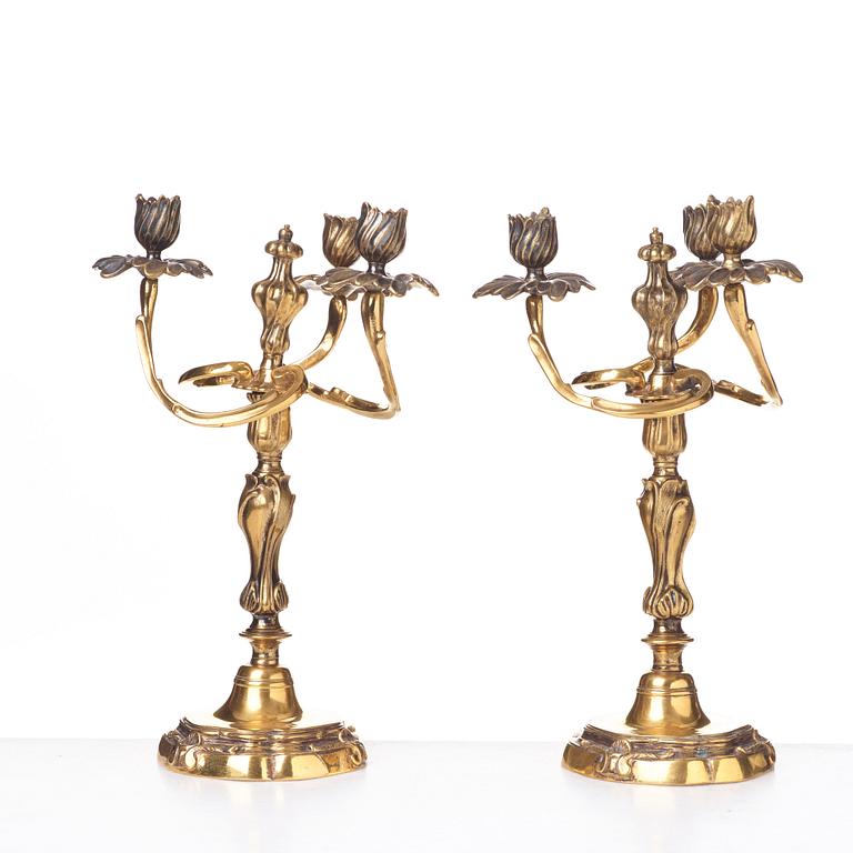 A pair of Louis XV three-light candelabra, mid 1700's.