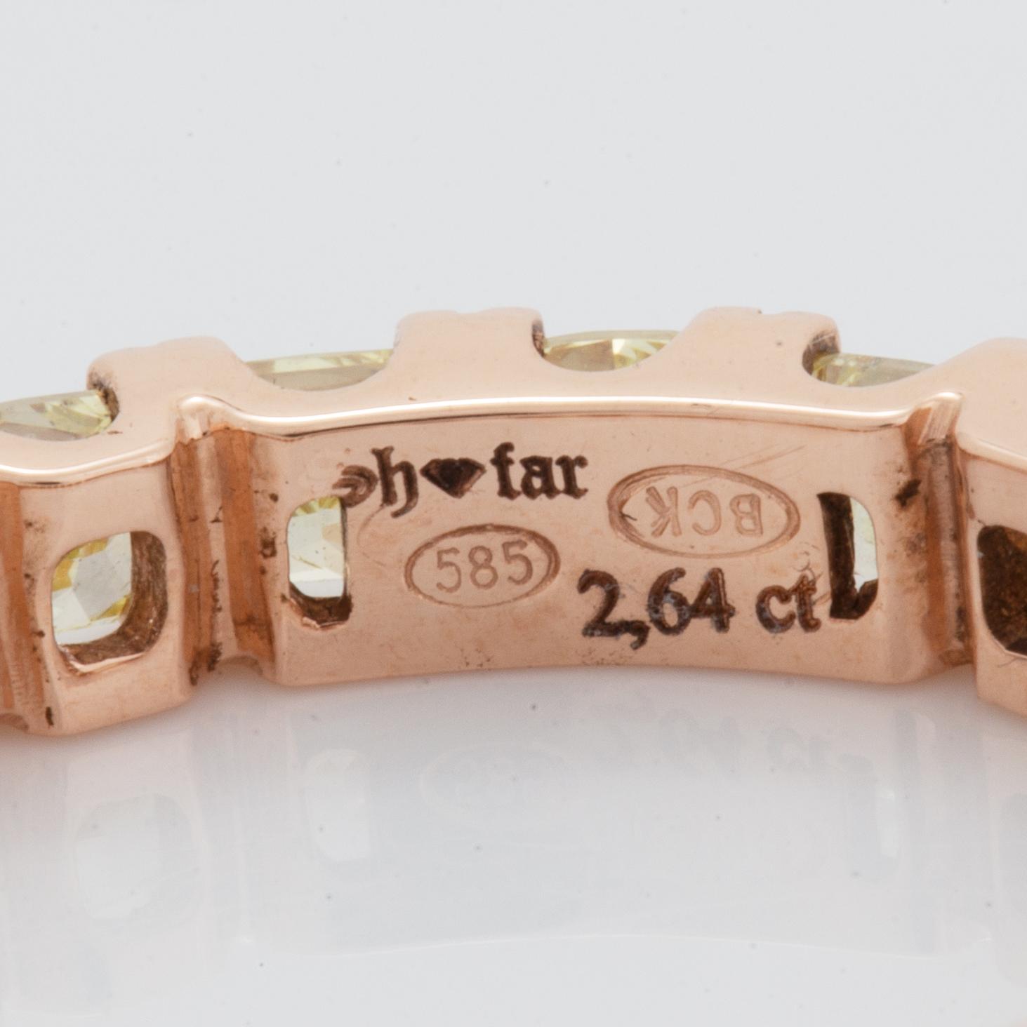 Cushion-cut yellow diamond eternity ring.