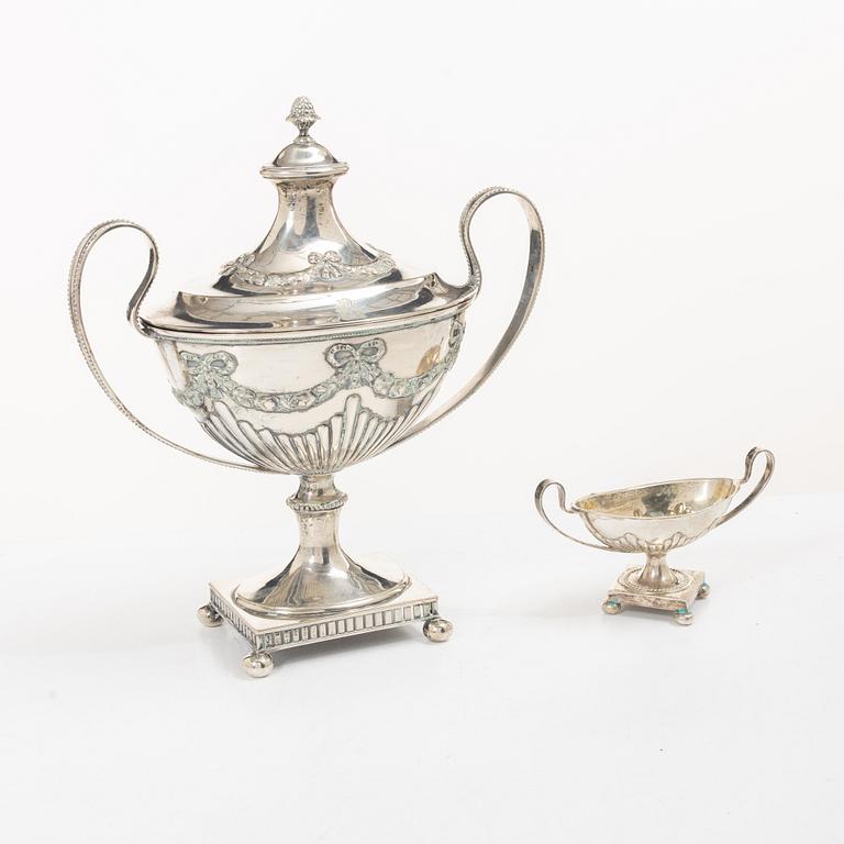 Sugar bowl, sugar spoon and salt cellar, silver, CG Hallberg and GAB, Stockholm, 1899–1917.
