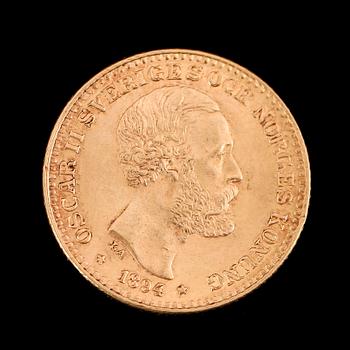 GULDMYNT, 10 kronor, Oscar II, 1894.  Vikt ca 5 gram.