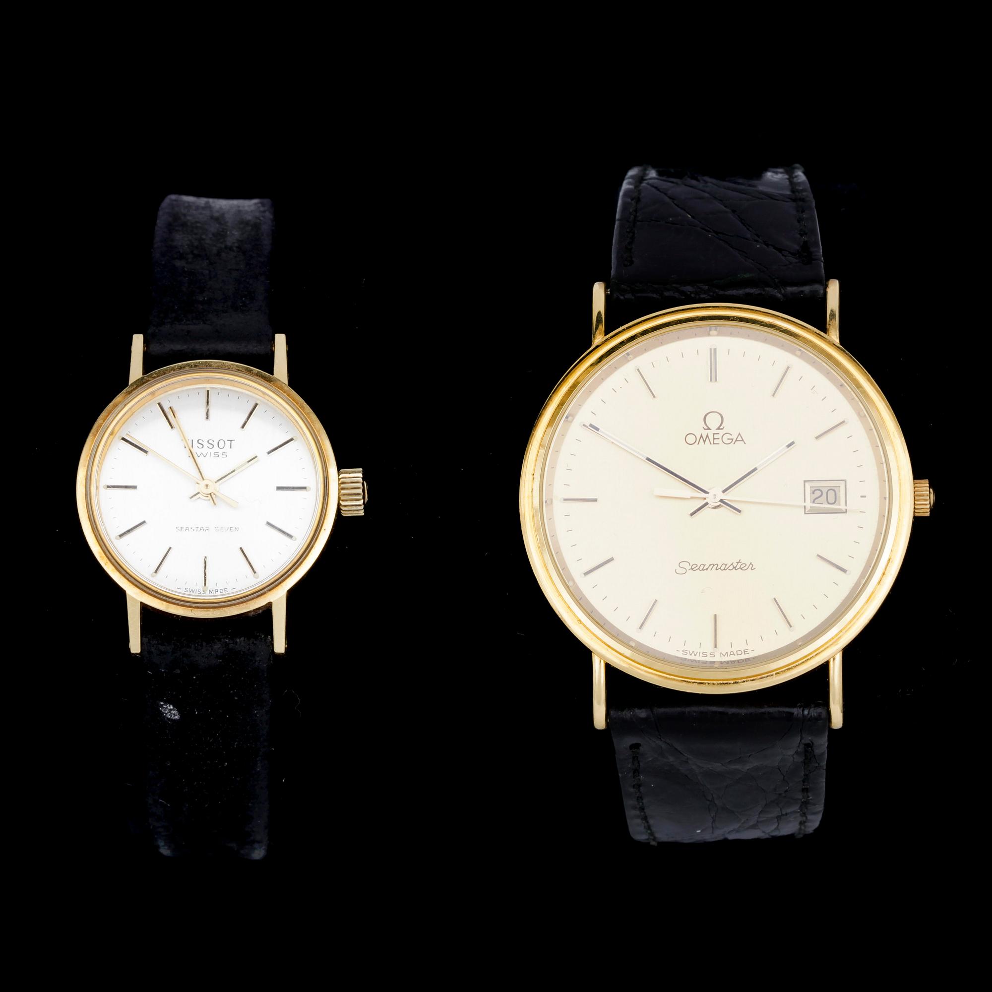 ARMBANDSUR, 2st, 18k guld, Omega  Seamaster och Tissot Seastar Seven. 1970/80-tal.