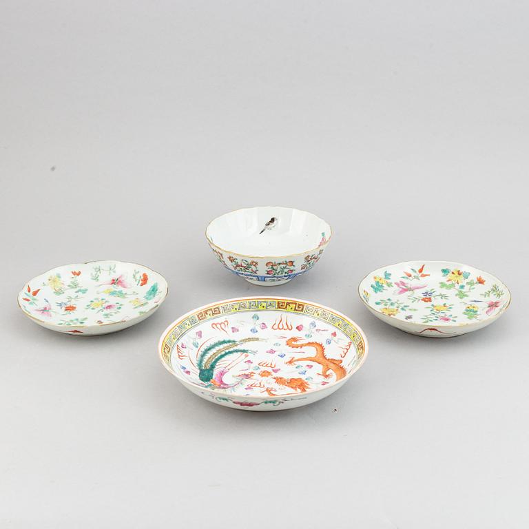 A Chinese famille rose porcelain bowl a dragon and peacock dish and a pair of famille rose dishes, 20th century.