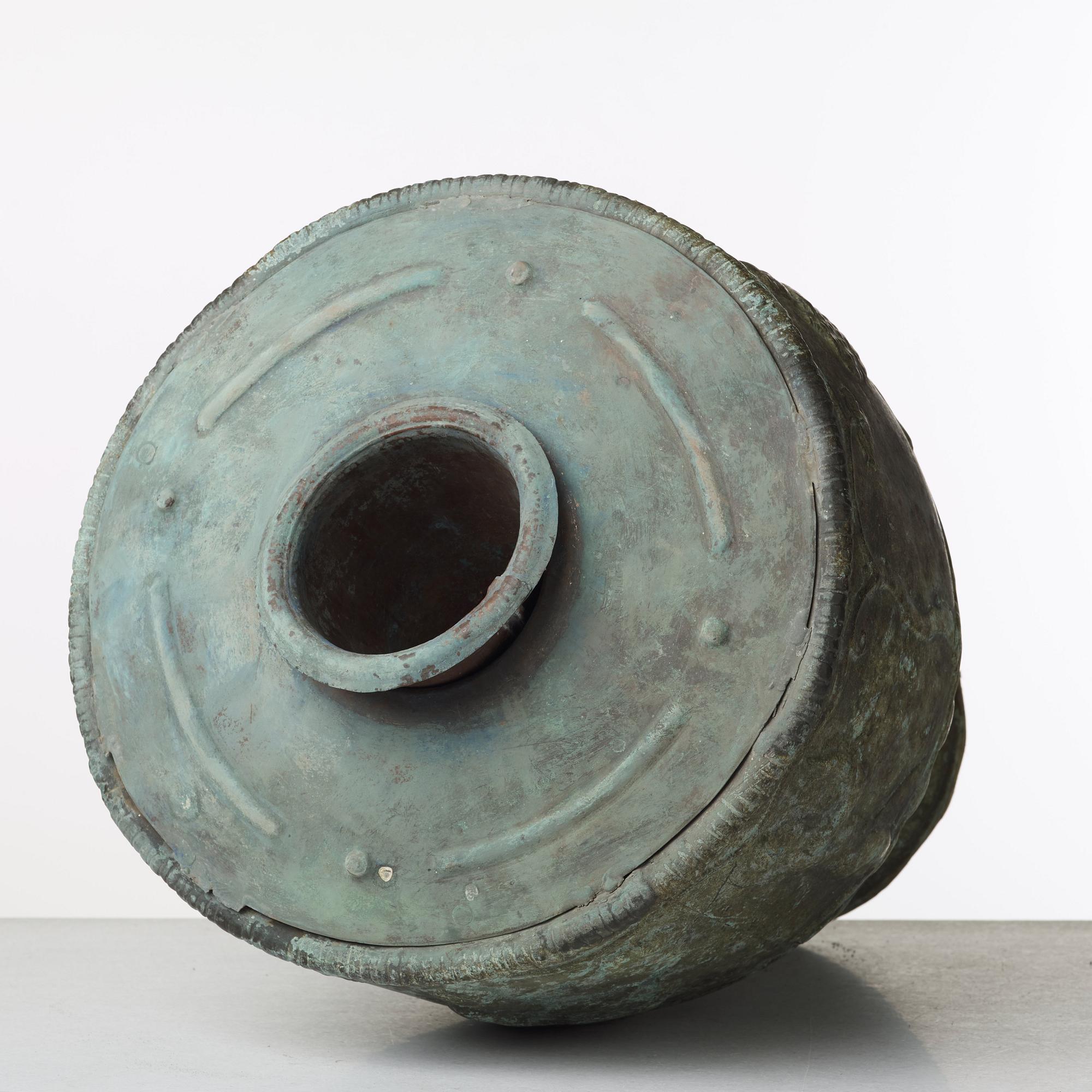 Ivar Johnsson, "Vinskörden", a pair of patinated copper urns, Swedish Grace 1920-30's.