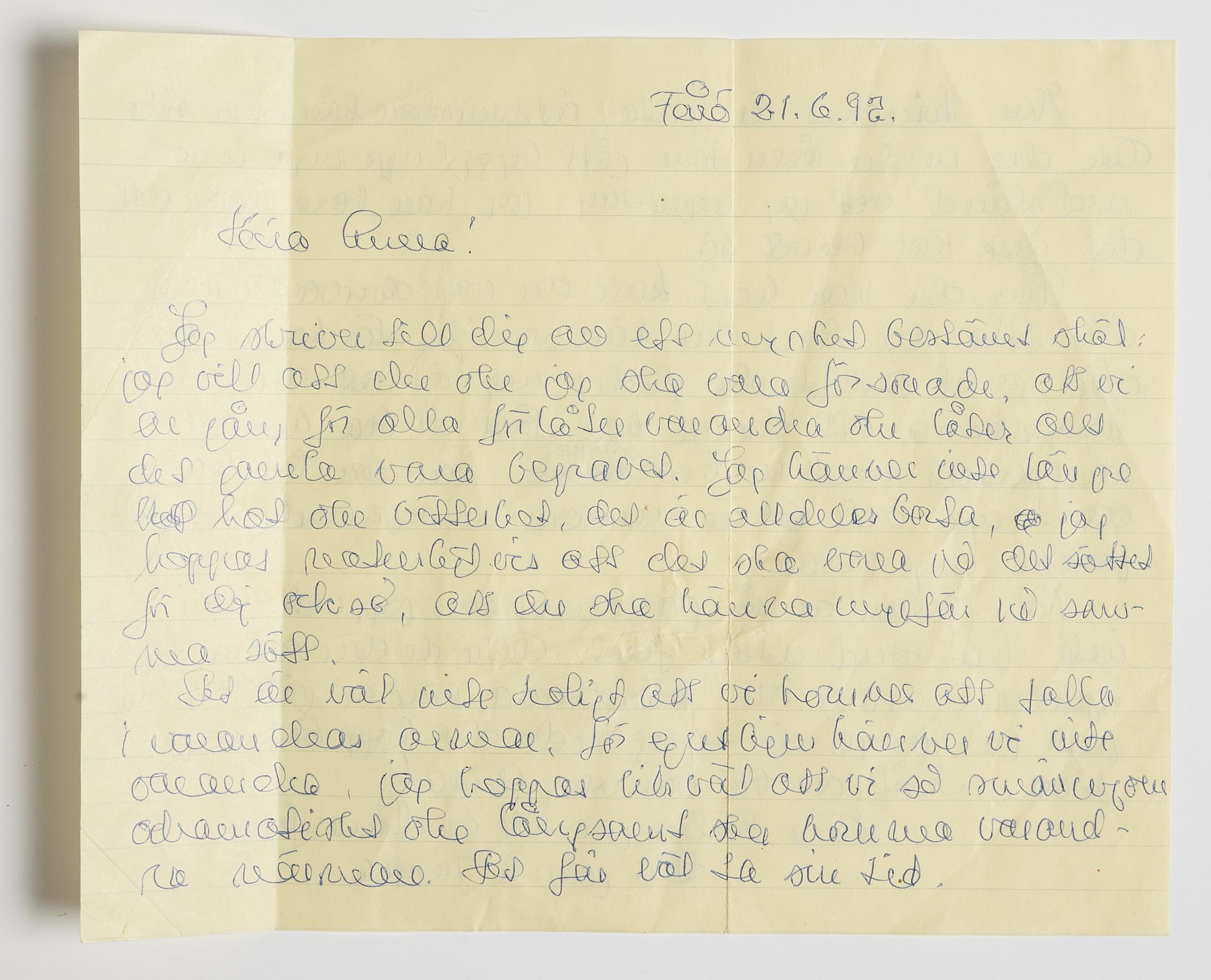 LETTER from Ingmar Bergman to his daughter Anna in London, dated Fårö 21.6.(19)92. Envelope enclosed.