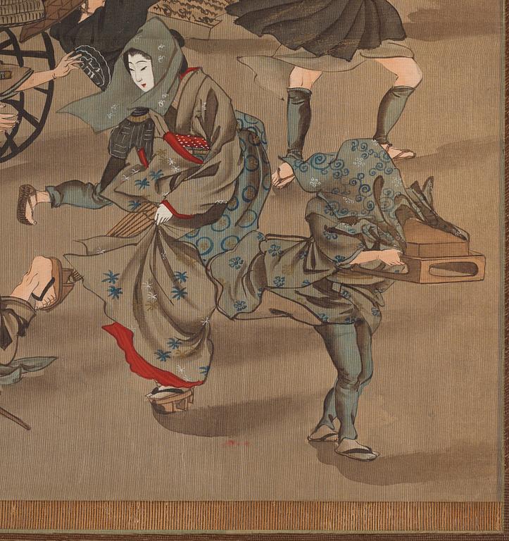 RULLMÅLNINGAR, sex stycken, tusch och färg på papper. Japan, Meiji (1868-1912).