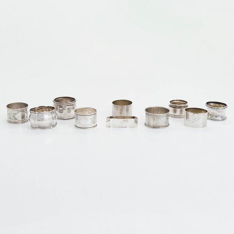 Ten silver napkin rings, manufactured from 1894-1941.