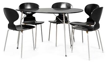 756. ARNE JACOBSEN, bord modell 3603 och 5 stolar, "Myran", Fritz Hansen, Danmark, 1960-tal.