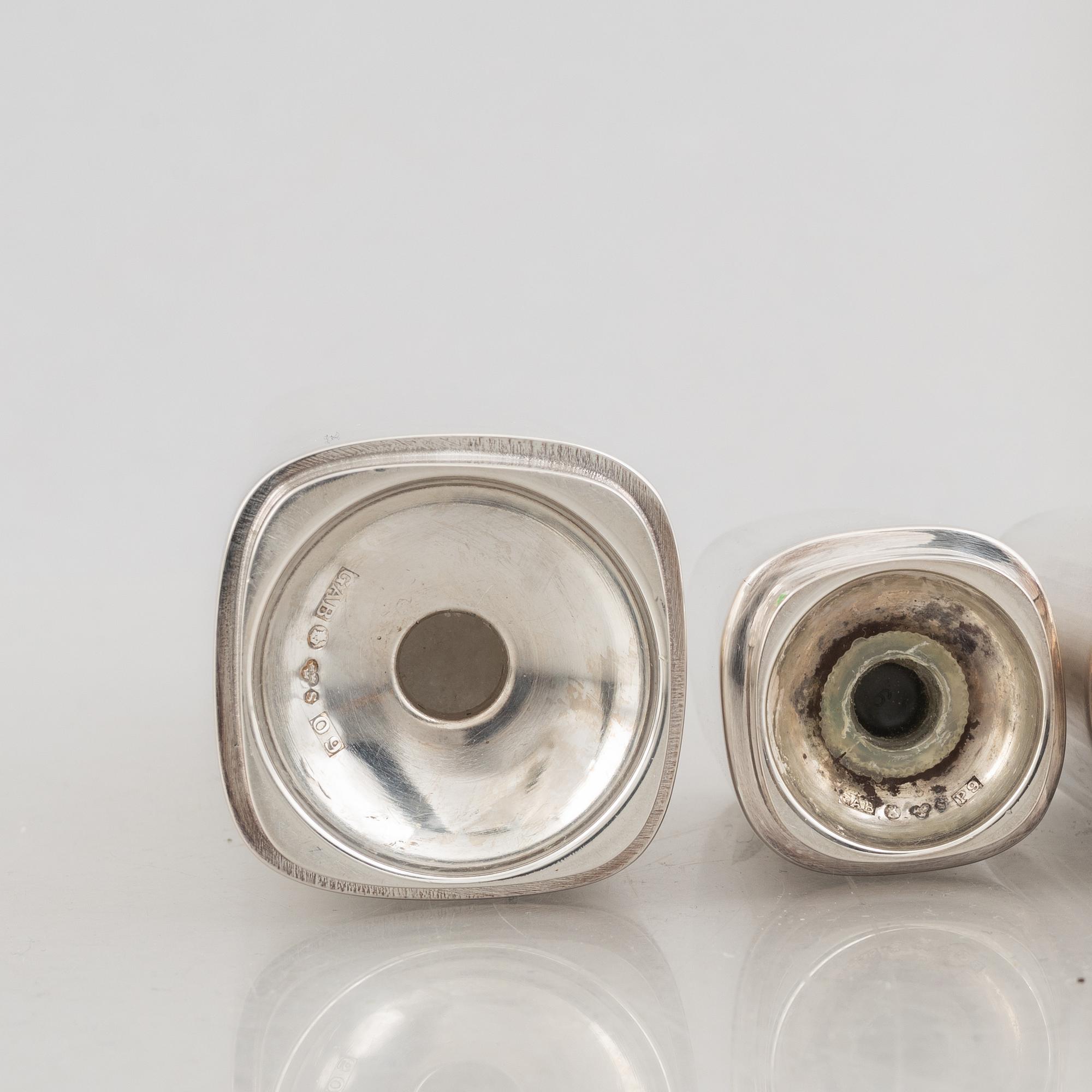 A saltshaker, peppershaker and a sugar shaker, silver, GAB, Stockholm, Sweden, 1964-65.