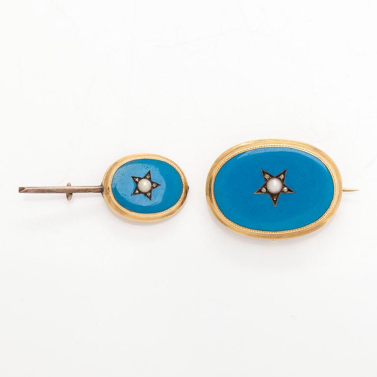 Brooch / pendant and jewelry part, 14K gold, enamel, rose cut diamonds, pearls.