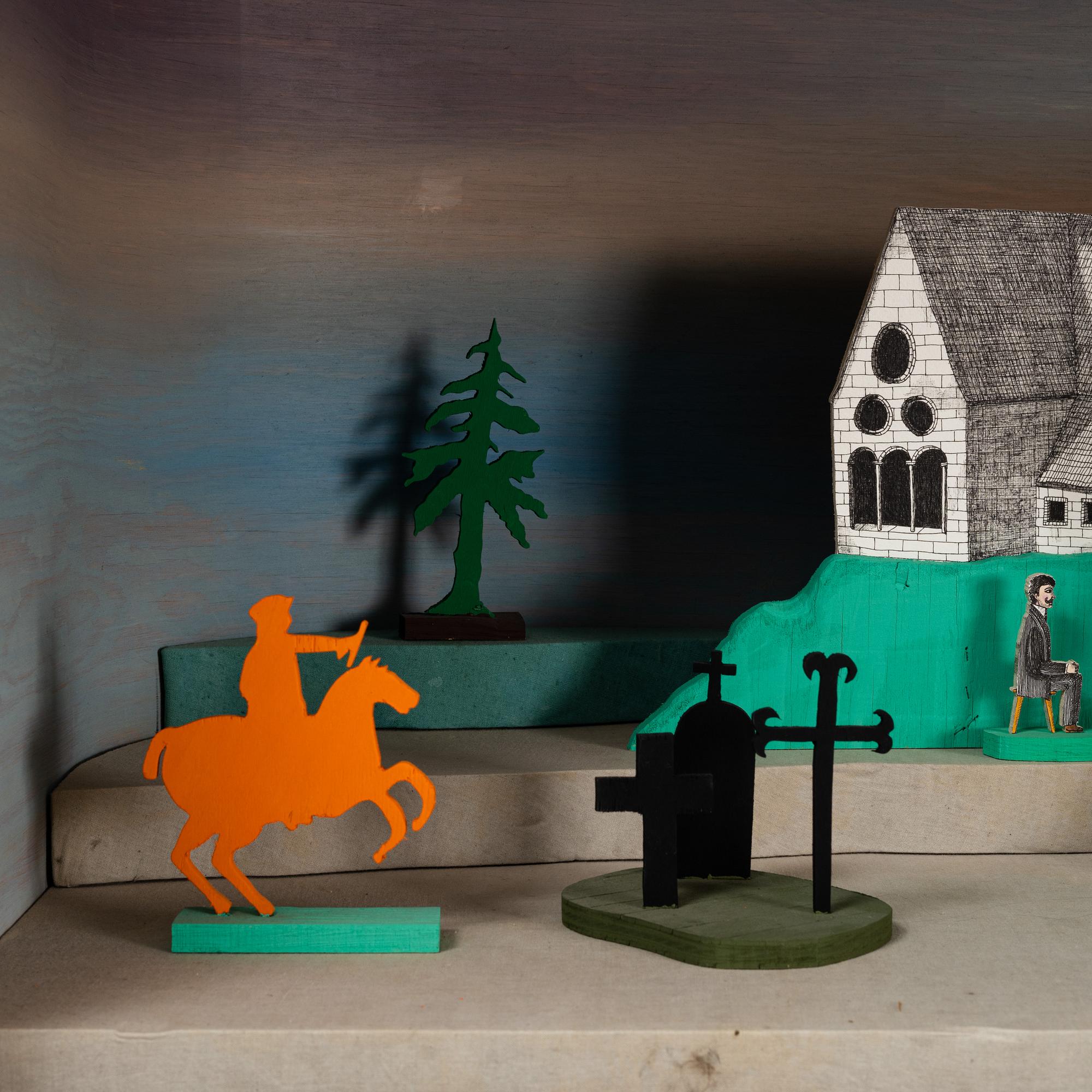 Richard Johansson, object/installation in a wooden cupboard, drawing, painting and mixed media, signed.