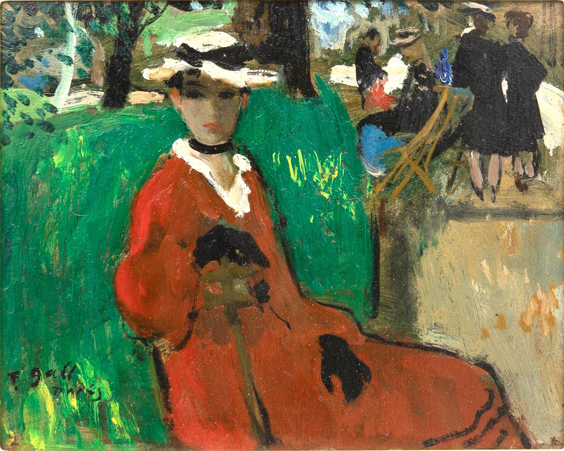 Francois Gall, "La jeune Eugénie au chapeau blanc et robe rouge, jardin du Luxembourg - Paris.".