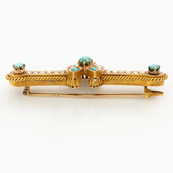 Brosch och ett par örhängen 14K guld med turkoser och pärlor.