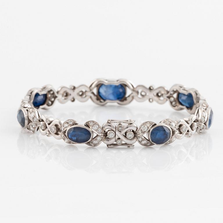 Sapphire and round brilliant cut diamond bracelet, ring and earrings.