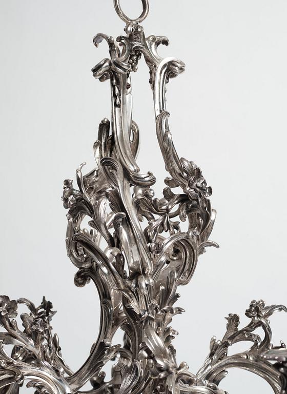 A highly important and rare Louis XV silvered brass
five-light chandelier  attributed to Pierre Boulanger, Paris c 1750.