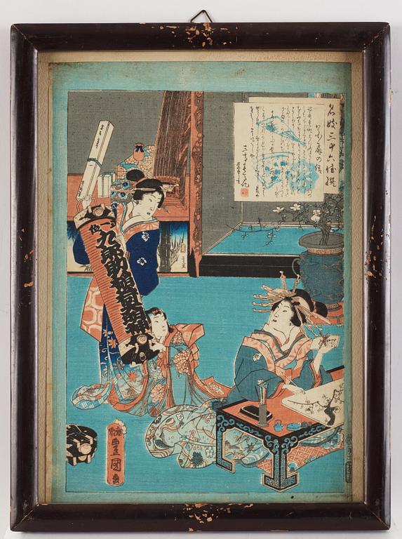 Utagawa Kunisada, four colour woodblock prints, Japan, c. 1850-60.