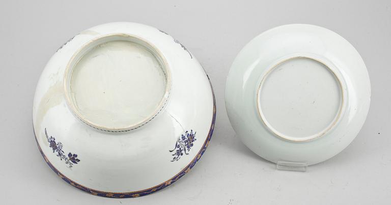 BÅLSKÅL samt FAT, porslin, Kina, Jiaqing (1769 - 1820) respektive Qianlong (1735-1736).