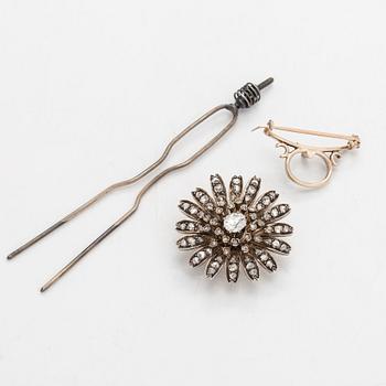 Brosch/hårsmycke/hänge, 18K guld/silver och gammalslipade diamanter, Franska stämplar, 1900-talets början.