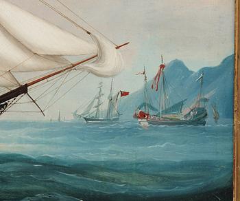 An oil painting by a Chinese artist of the ship "Falco" outside Hong Kong, Qing dynasty, circa 1865.