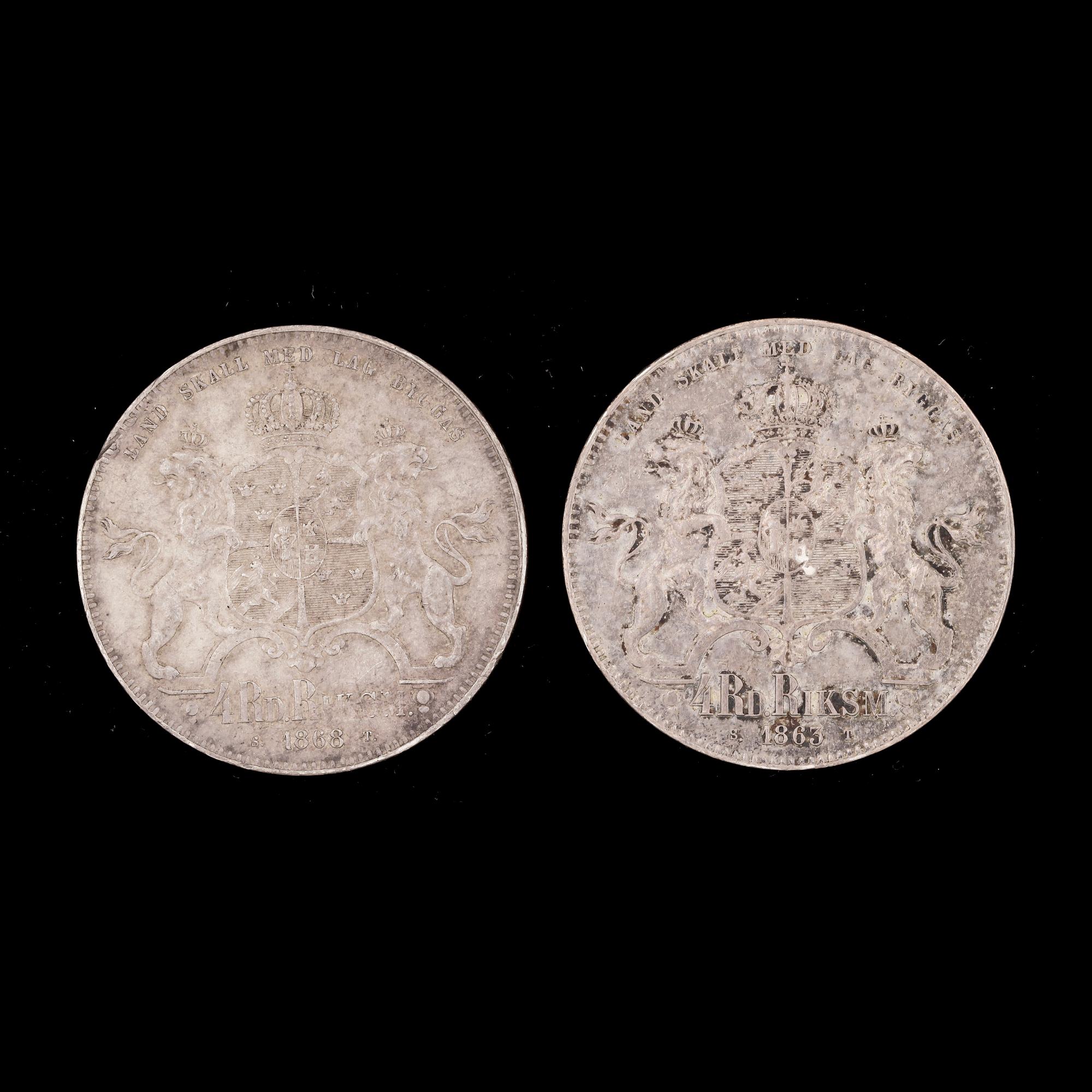 MYNT, 2 st, silver, 4 Riksdaler Riksmynt, Karl XV, Sverige-Norge 1863-68. Tot ca 68 gram.