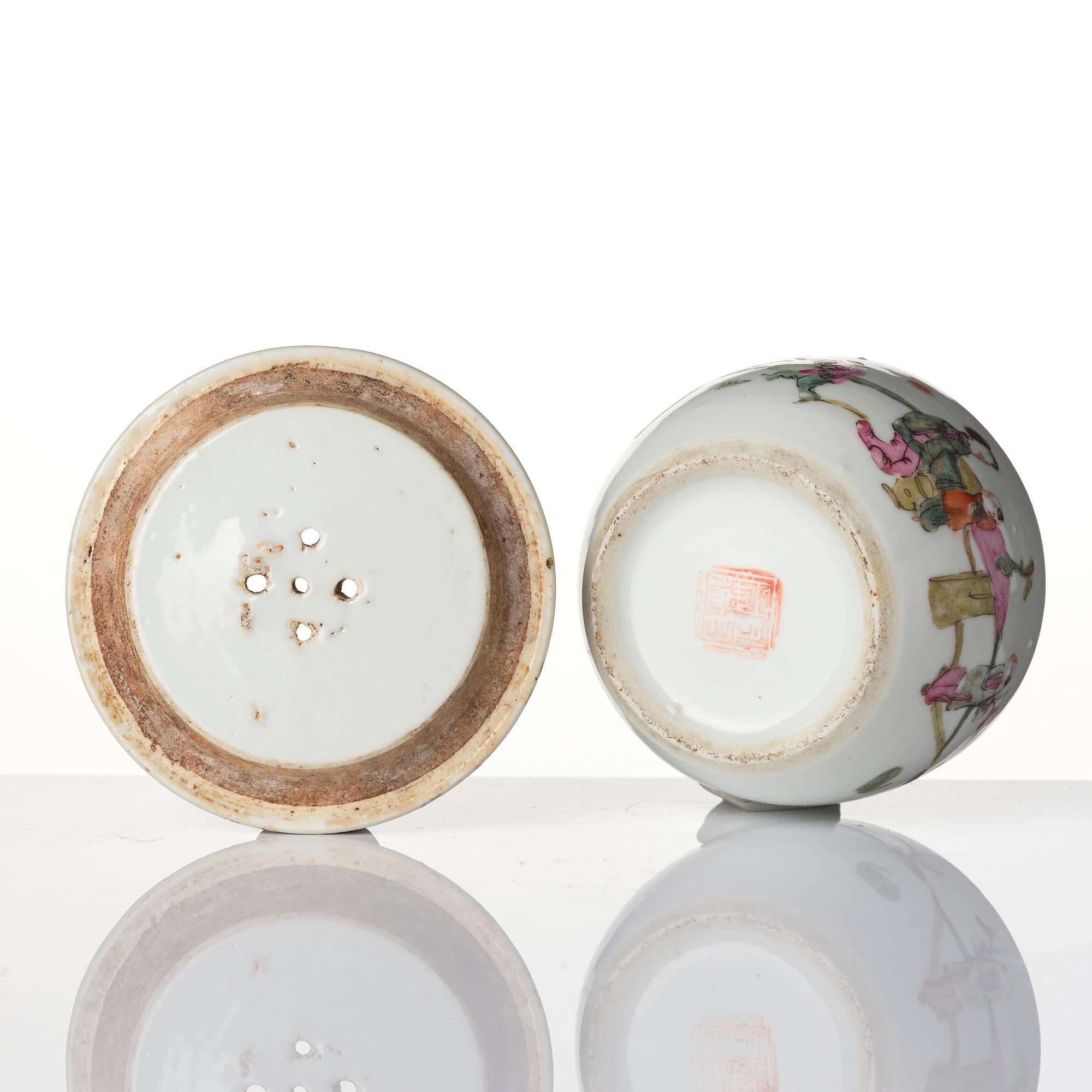 Two Chinese famille rose porcelain dishes and a censer, a pair of enamel spoons, Qing dynasty.
