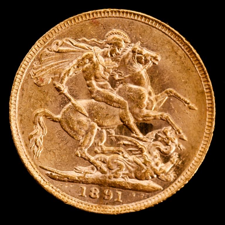 GULDMYNT, sovereign, Victoria, 1891. Vikt ca 8 g.