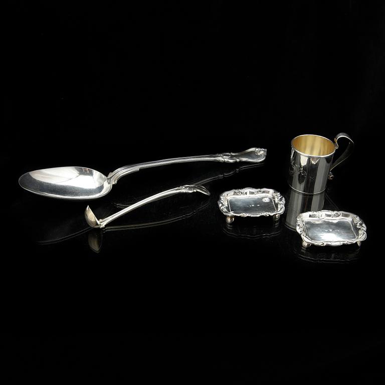 PARTI SILVER, 5 delar, silver, bla. Jacob Engelberth Torsk, Stockholm 1855. Total vikt ca 279 gram. .
