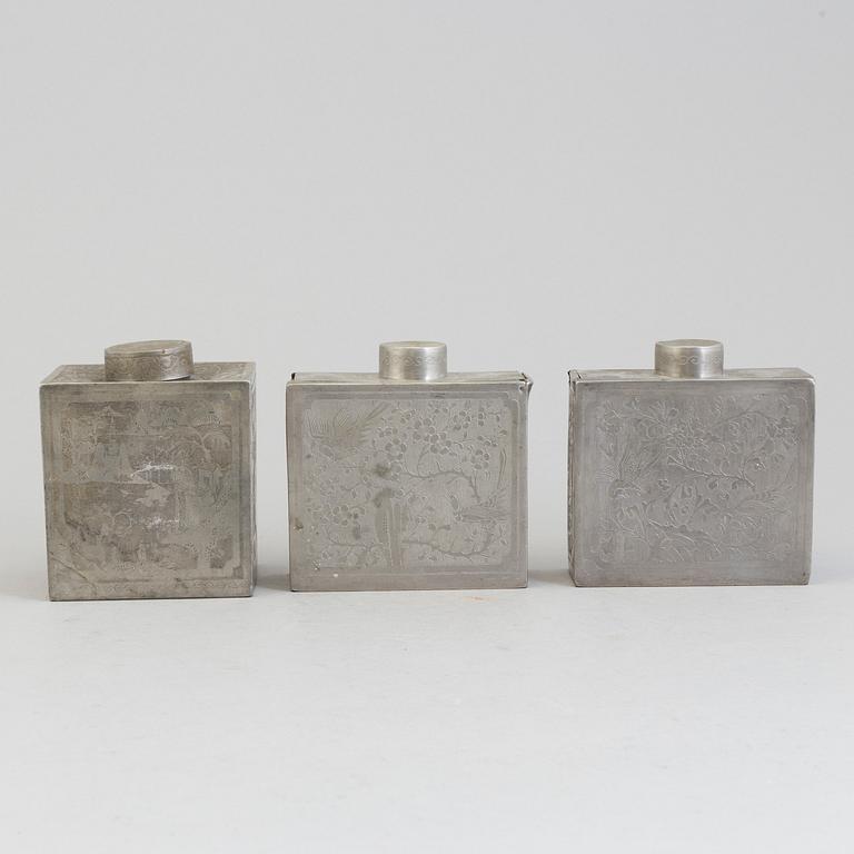 Three Chinese teacaddies in tin, Qing dynasty, 19th century.
