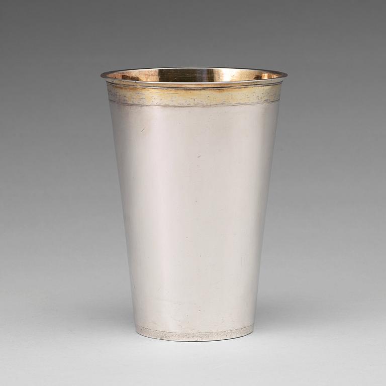 A Swedish 17th century parcel-gilt silver beaker, mark of Erik Bengtsson Starin, Stockholm 1695.