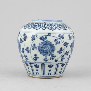 A pair of Chinese blue and white jars with covers, and one jar, Ming dynasty (1368-1644).
