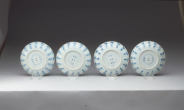 A set of four blue and white dishes, Qing dynasty, Kangxi (1662-1722), with Chenghua six character mark.