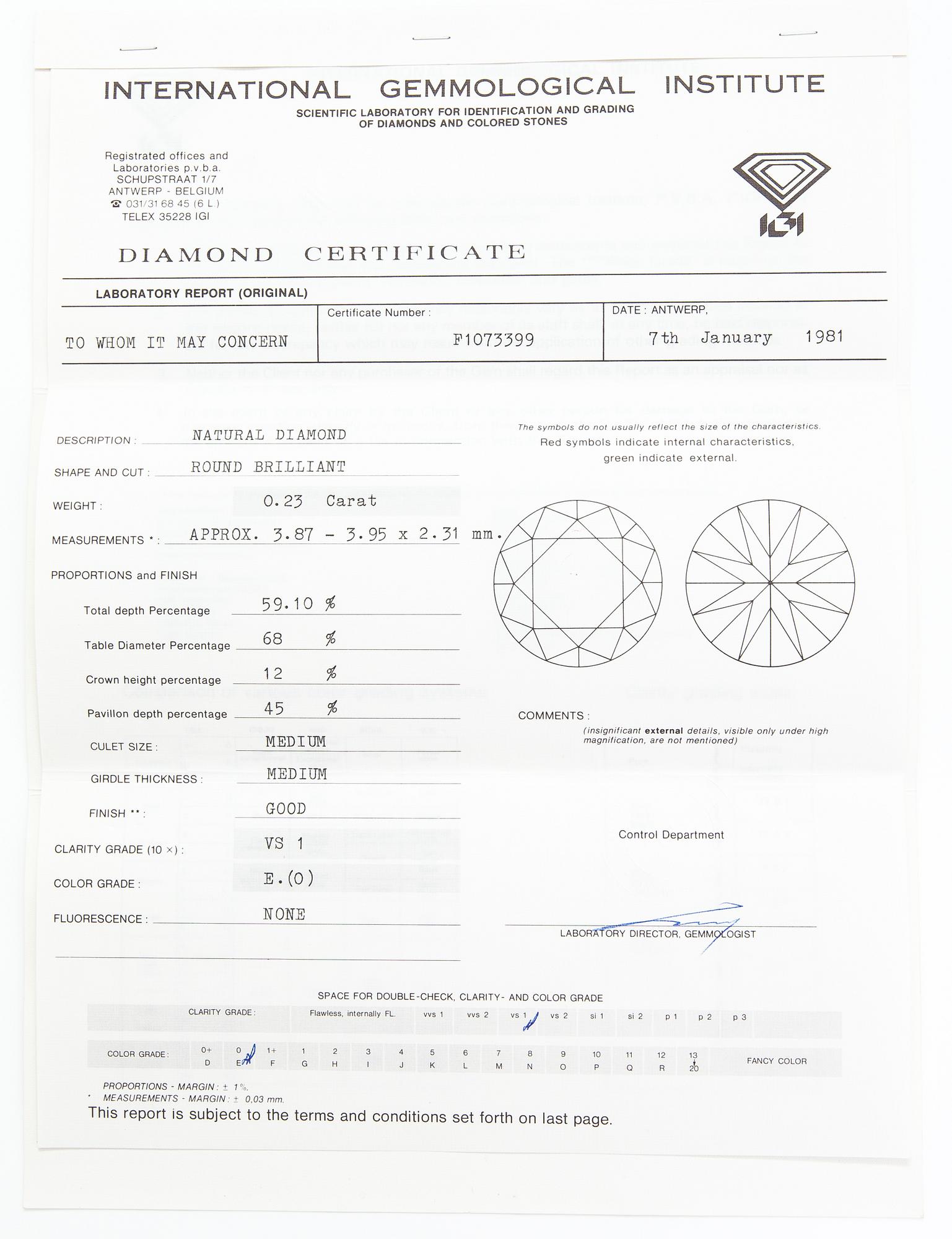 TIMANTTI, 0.23 ct. IGI-todistuksella.