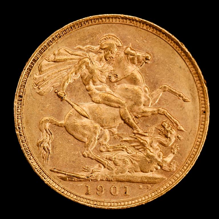 GULDMYNT, sovereign, Victoria, 1901. Vikt ca 8 g.