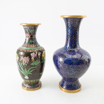Vases 3 pcs and incense burner China cloisonné works 20th century.